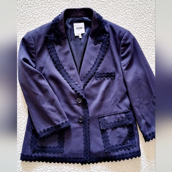 Vintage MOSCHINO JEANS Donna 3/4 Sleeve Wool Blend Jacket Navy Blue IT 48 US 14 - Picture 1 of 13